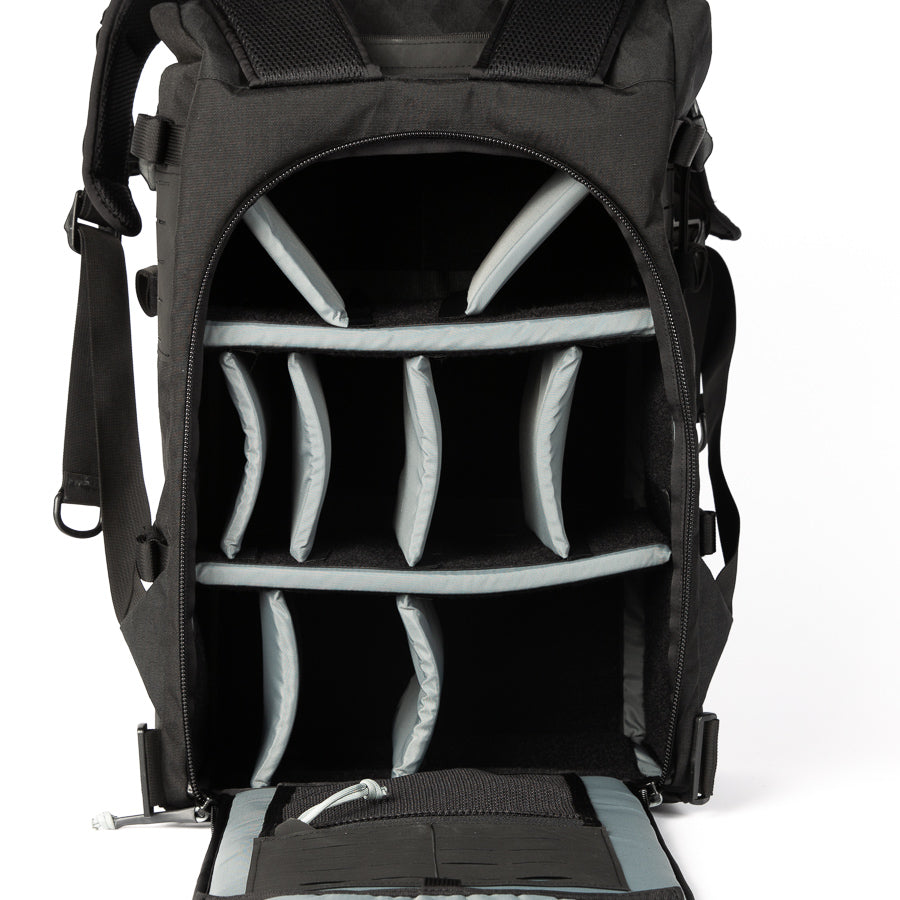 FRONT - handmade camera backpack - YKK zippers - adjustable dividers - TPU liner - XPAC - made in USA